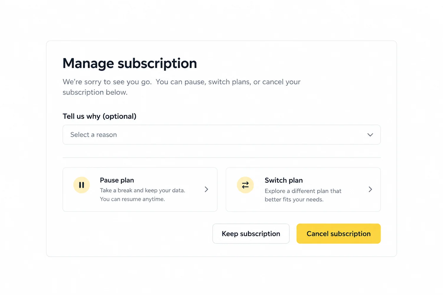 respectful saas cancellation Subscription management screen with optional feedback, pause and switch options, and a clear cancel button