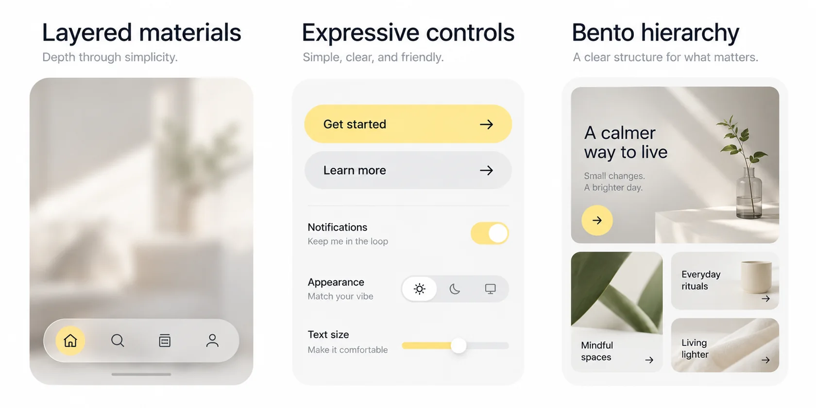 mobile ui trends layered expressive bento Illustrative mobile UI concepts comparing layered materials, expressive controls and bento hierarchy