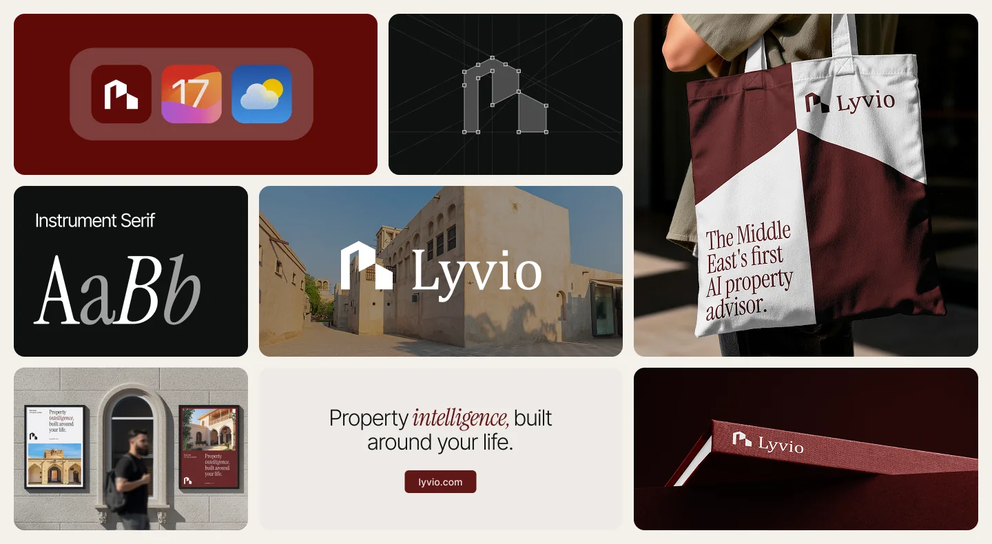 lyvio brand identity design direction Published Lyvio visual identity board showing the wordmark, editorial typography and warm neutral branding