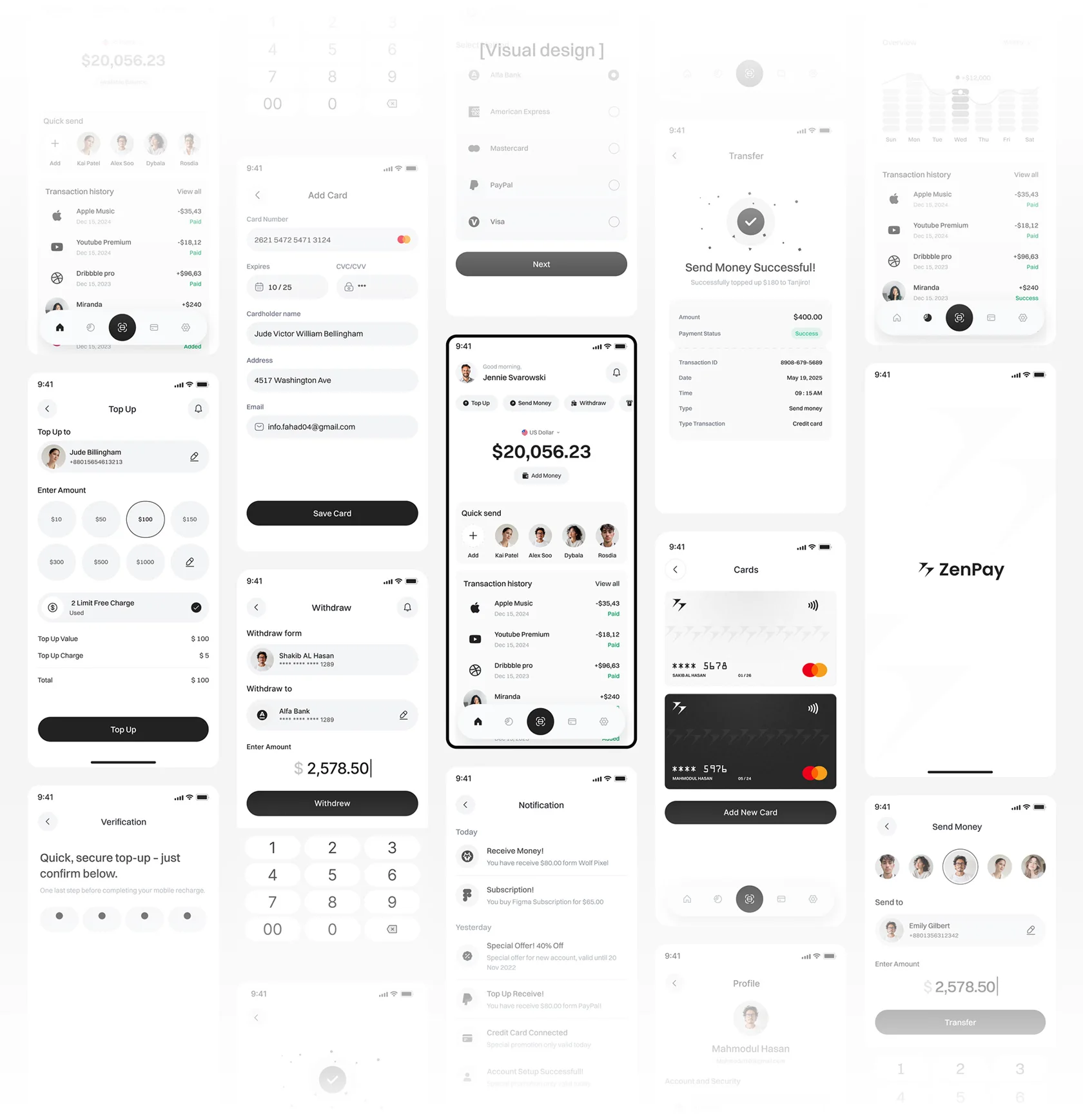 zenpay wallet ui showcase Published ZenPay wallet design showcase by Wolfpixel with contact, balance and transfer screens
