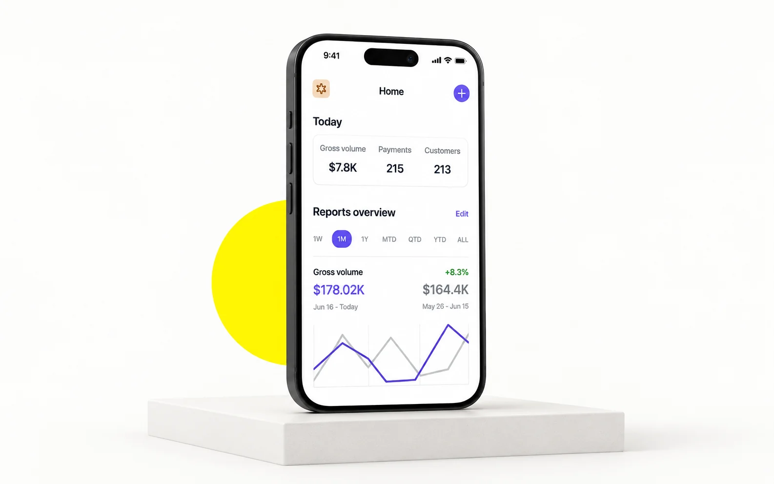 Stripe Dashboard mobile interface — Wolfpixel phone mockup Stripe Dashboard interface adapted into a charcoal phone mockup on a light studio background with a Wolfpixel yellow accent