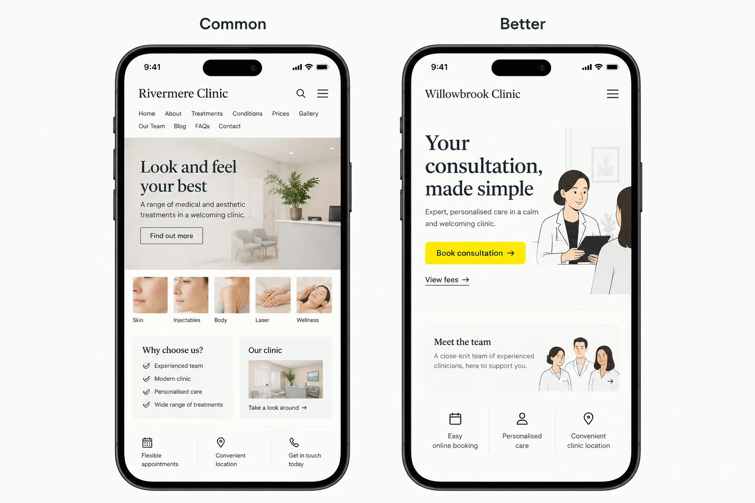Clinic Website Mistakes Vs Better Two fictional clinic mobile mockups comparing a crowded homepage with a clearer consultation layout.