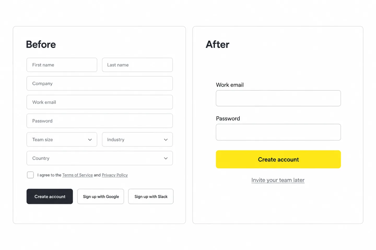 UI/UX Signup Form Example Illustrative comparison of a crowded signup form and a focused form with one primary action.