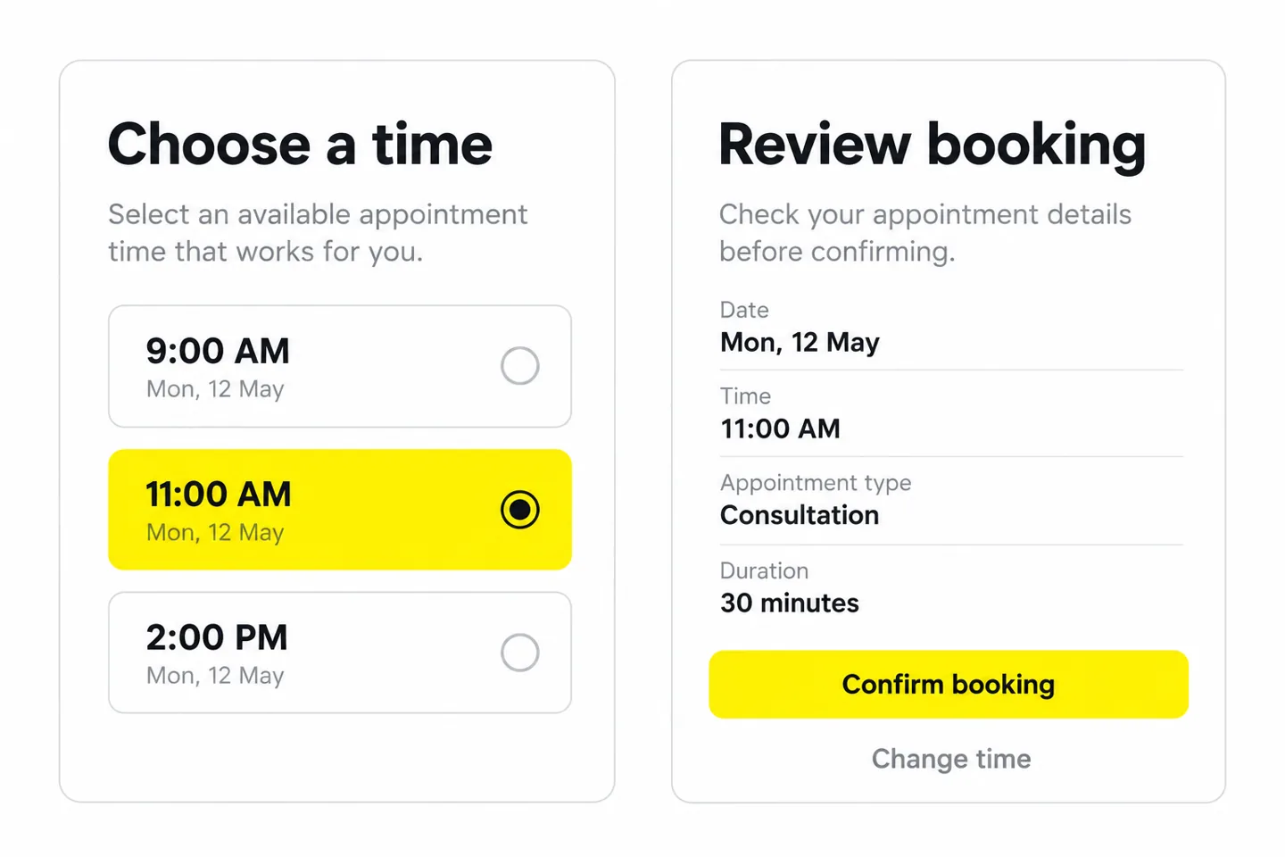Mobile Booking UI/UX Example Illustrative mobile screens for choosing an appointment time and reviewing a booking.