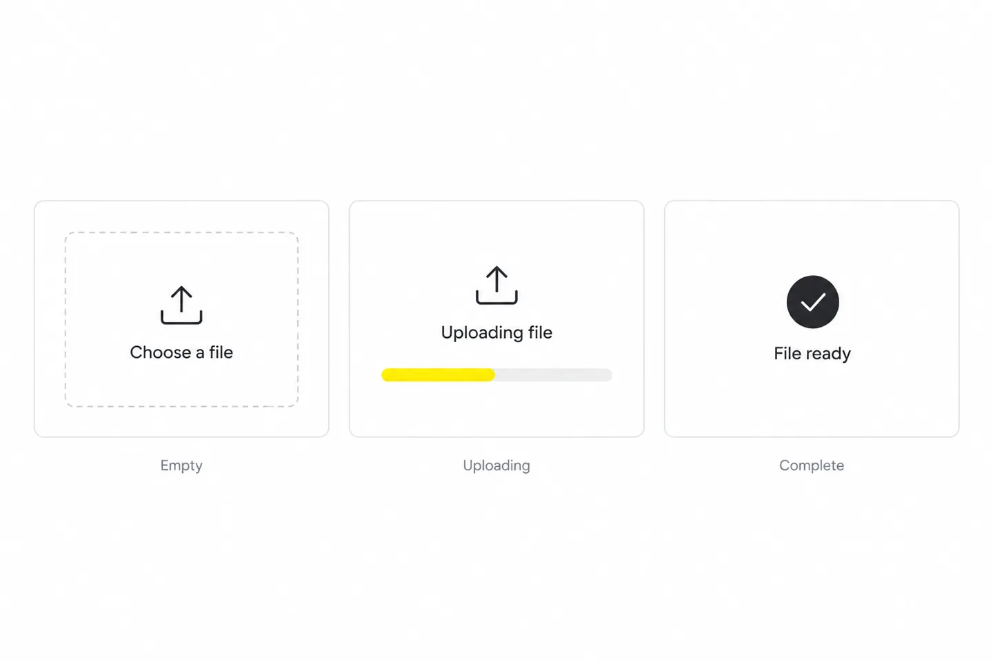 UI Design File Upload States Three states of the same upload component: empty, uploading and complete.
