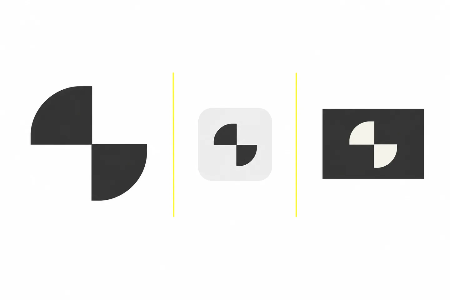 Logo Design Across Different Sizes The same illustrative geometric logo shown as a standalone symbol, compact icon and reversed version.