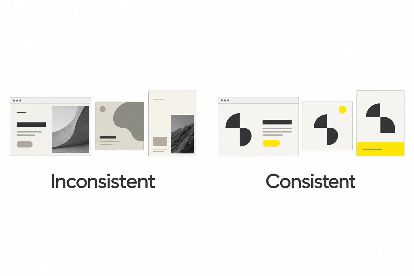 Brand Identity Consistency Across Touchpoints Illustrative website, social and document layouts comparing inconsistent styling with a coordinated identity system.