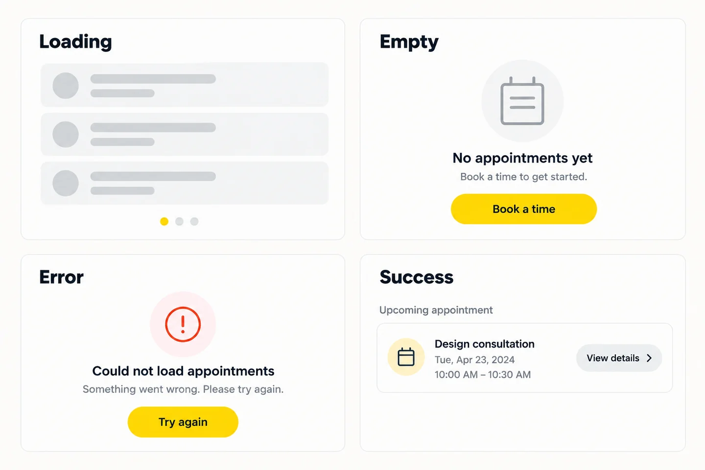 Mobile App Interface States Illustrative appointment interface showing loading, empty, error and successful content states.