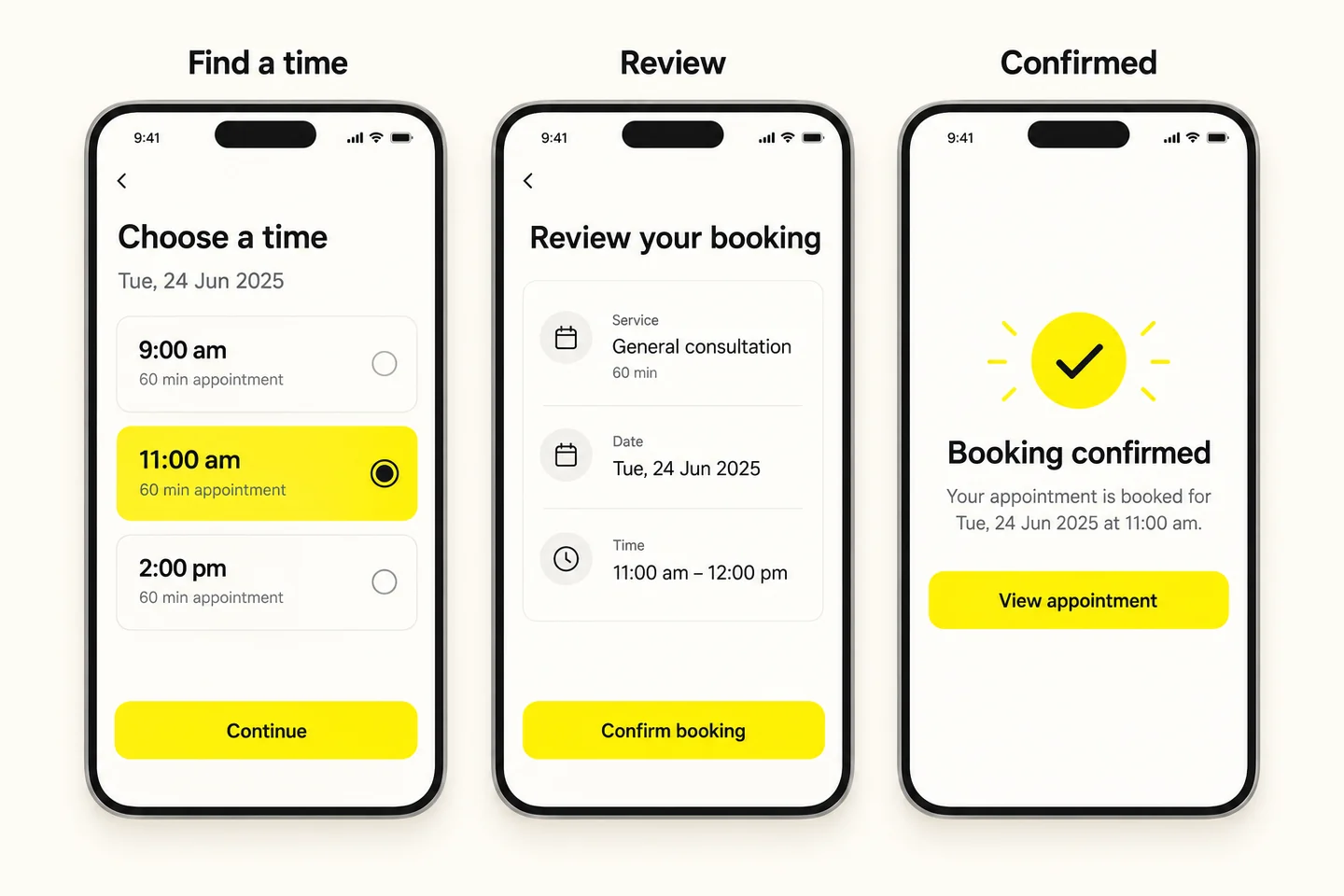 Mobile App Booking Flow Example Illustrative mobile booking flow showing time selection, booking review and confirmed appointment screens.