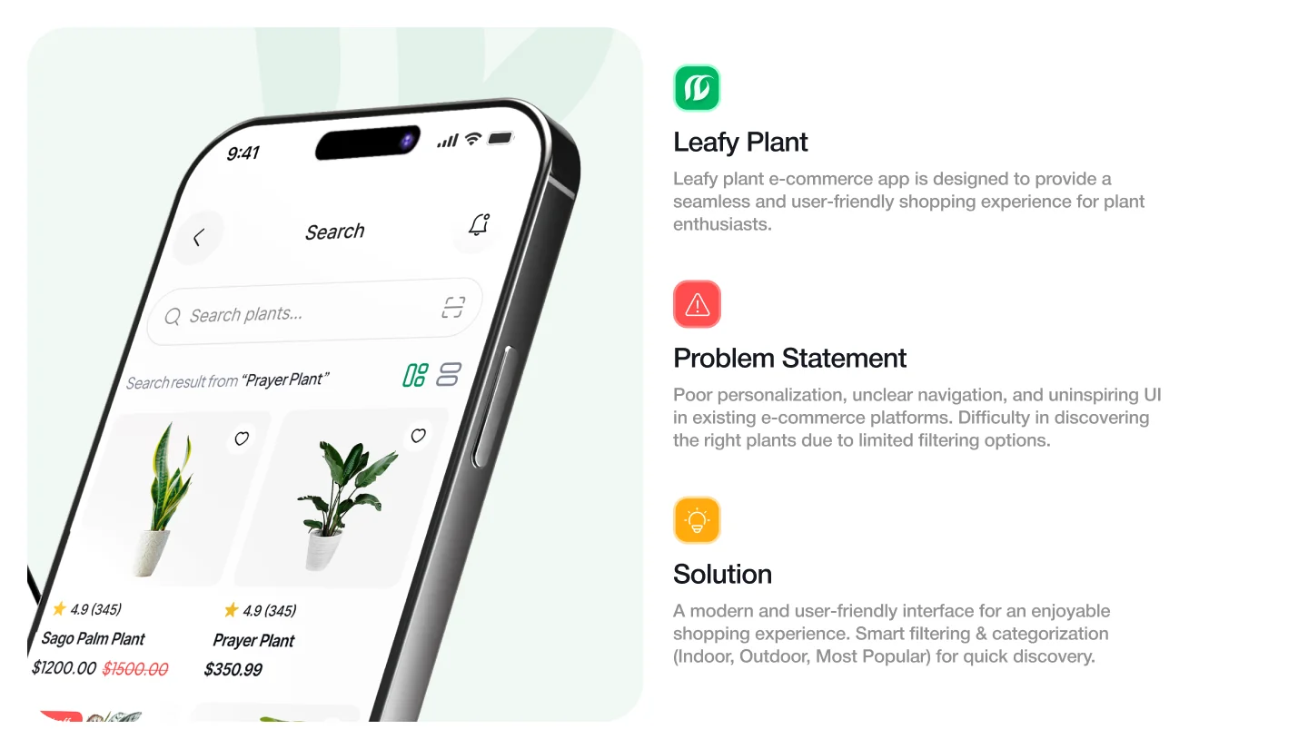 Leafy Plant Mobile App Design by Wolfpixel Leafy Plant mobile app interface presentation from Wolfpixel’s plant e-commerce design project.