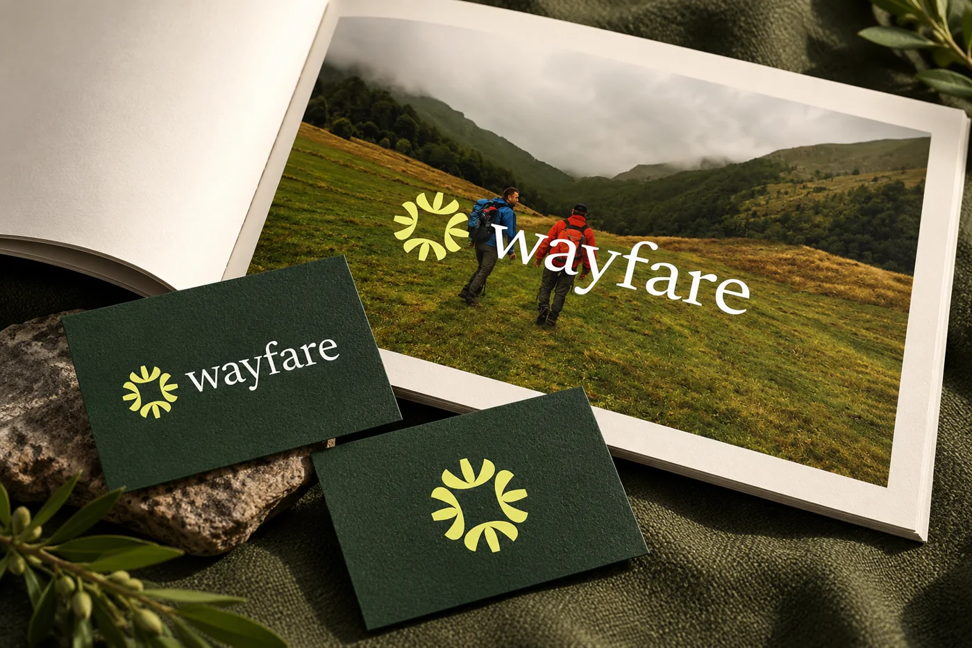 Illustrative Wayfare stationery mockup showing the full wordmark with a yellow-green compass symbol and the symbol on a separate card.