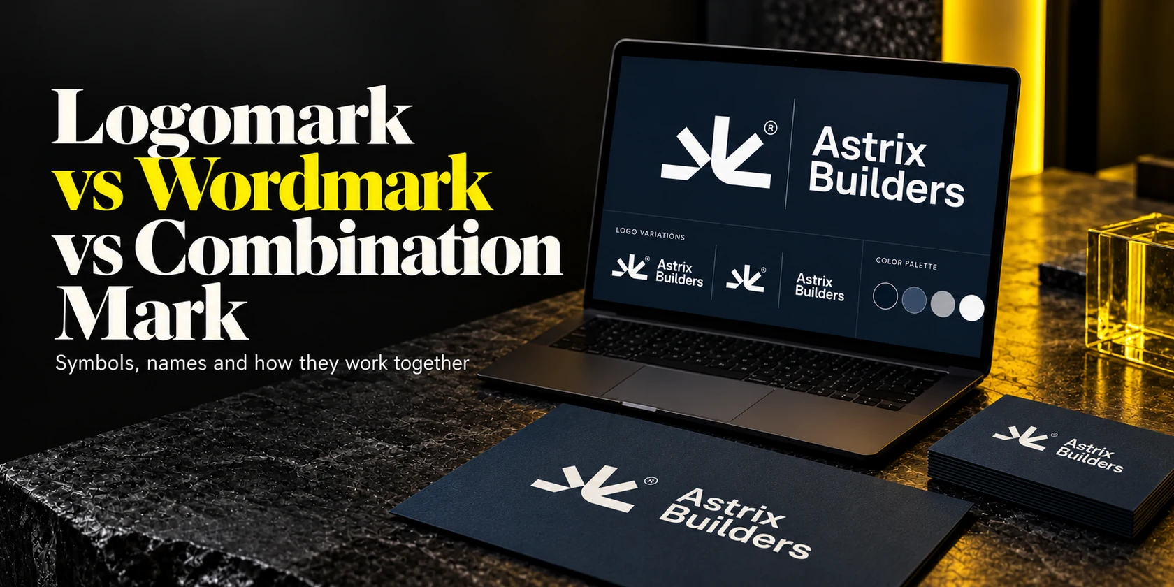 Logomark vs Wordmark vs Combination Mark cover featuring Wolfpixel’s Astrix Builders logo on a laptop and stationery.