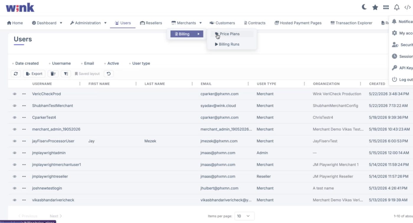 Merchants → Billing → Price Plans