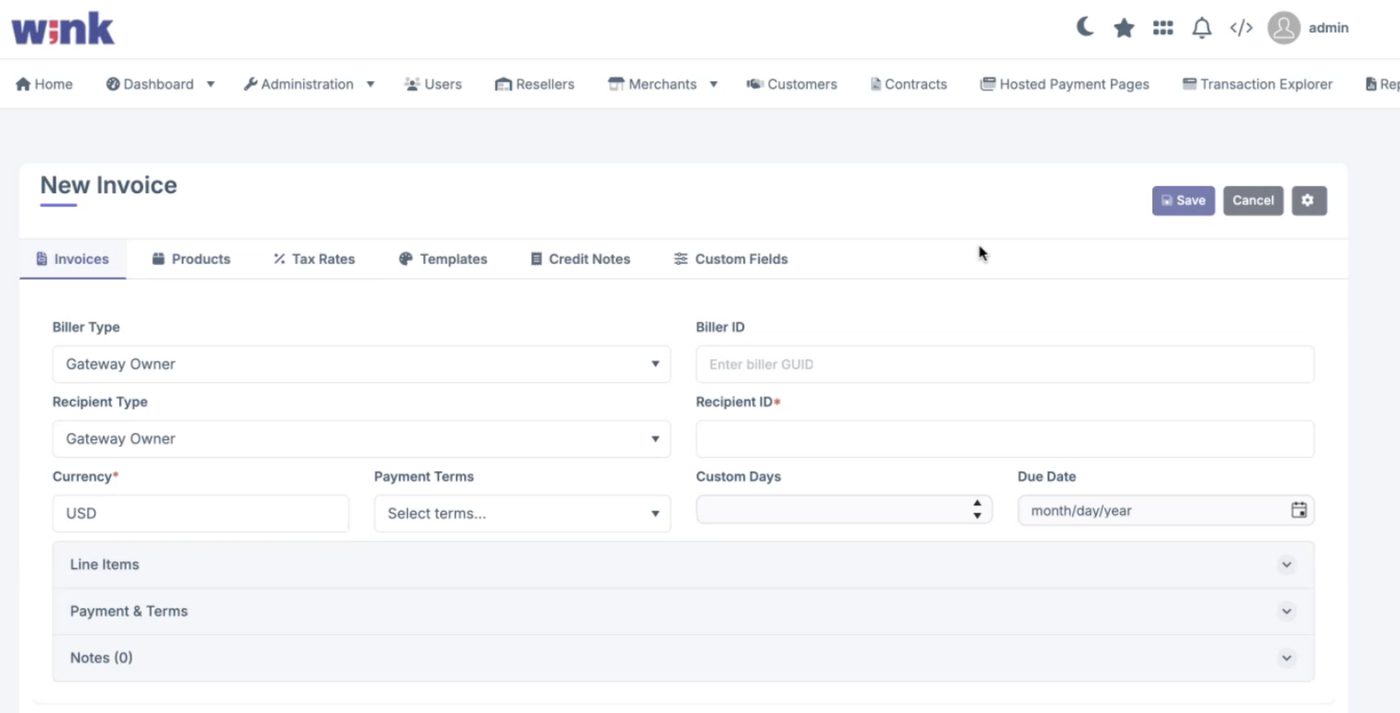 Invoice builder — payment terms dropdown