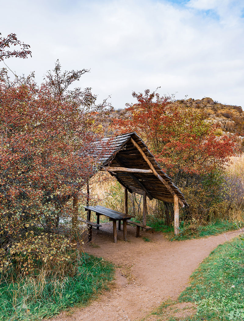 Campsite with rustic picnic table underneath timber built roof