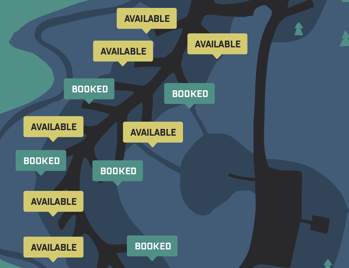 An illustrated map of campsites available and booked.