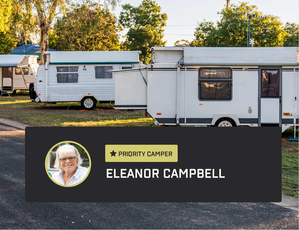 An image of a row of campers with a graphic of 'priority camper: Eleanor Campbell'.