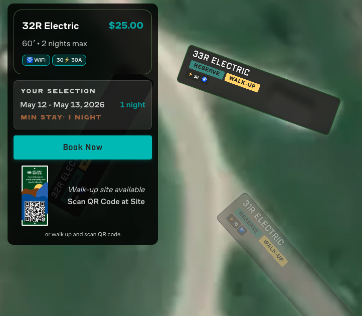 Live availability map interface for electric campsite with price $25, amenities, and option to book or scan QR code at site.