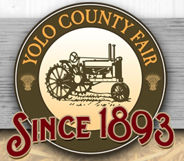 Yolo County Fair logo with vintage tractor and text Since 1893 on wooden background.