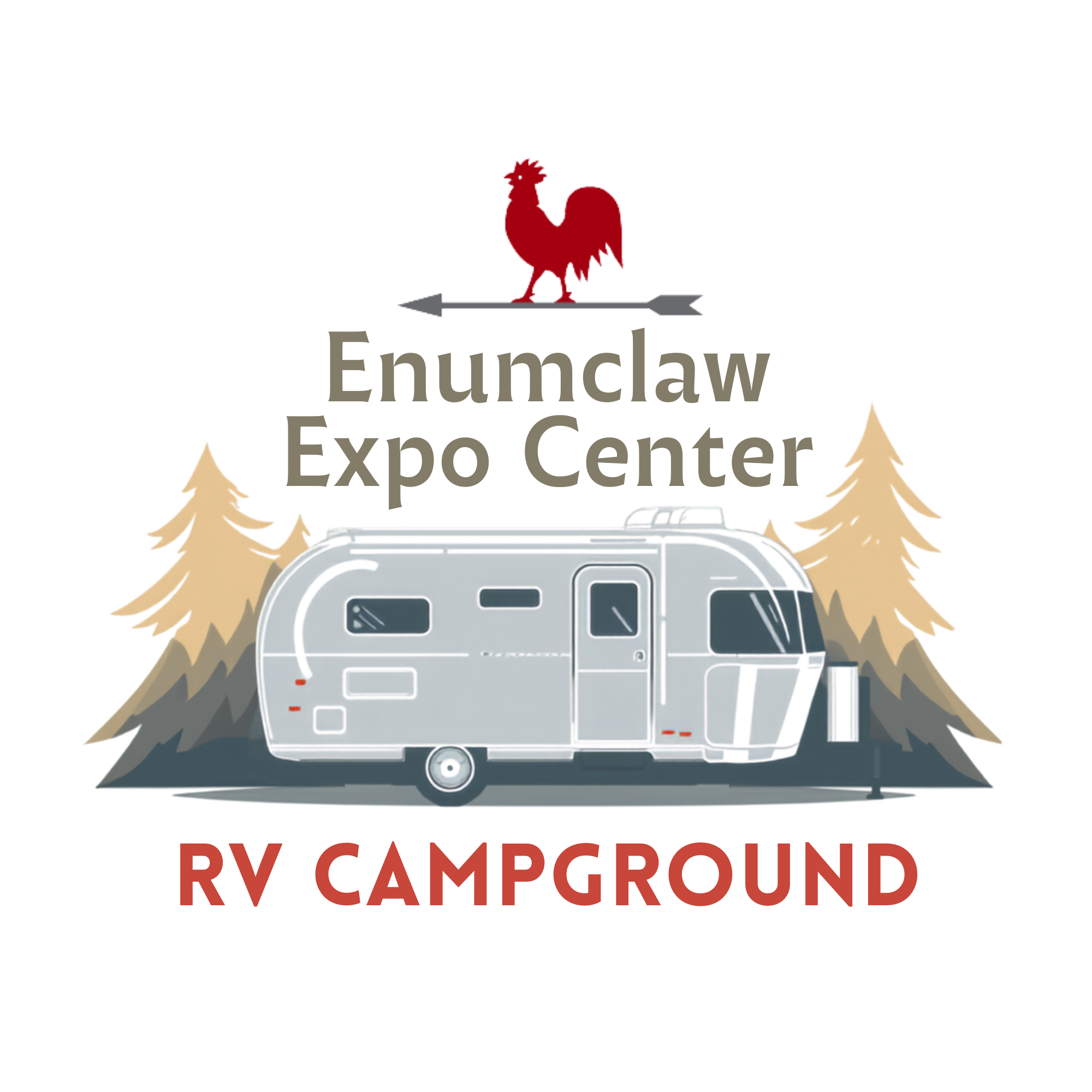 Logo with RV camper and trees for Enumclaw Expo Center RV Campground with red rooster and arrow.
