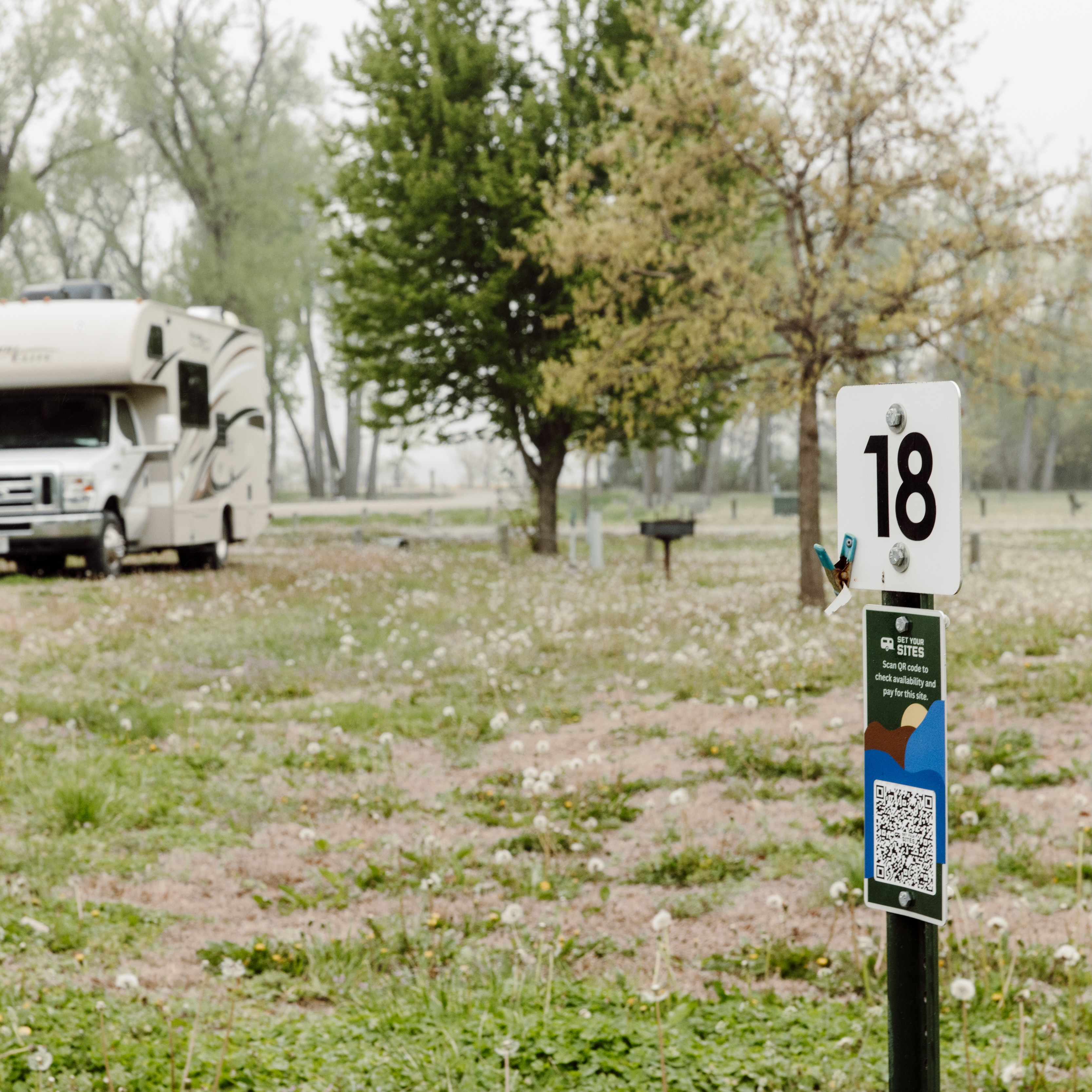 Outdoor camping site numbered 18 with a QR code sign for checking availability and payment, grass and dandelions on the ground, trees in the background, and a white RV parked on the left side.
