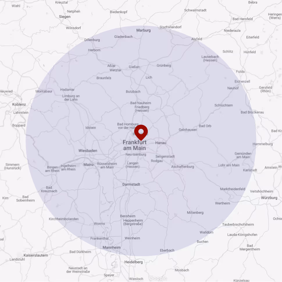 GRAVITAS Einzugsgebiet rund um den Standort Frankfurt am Main.