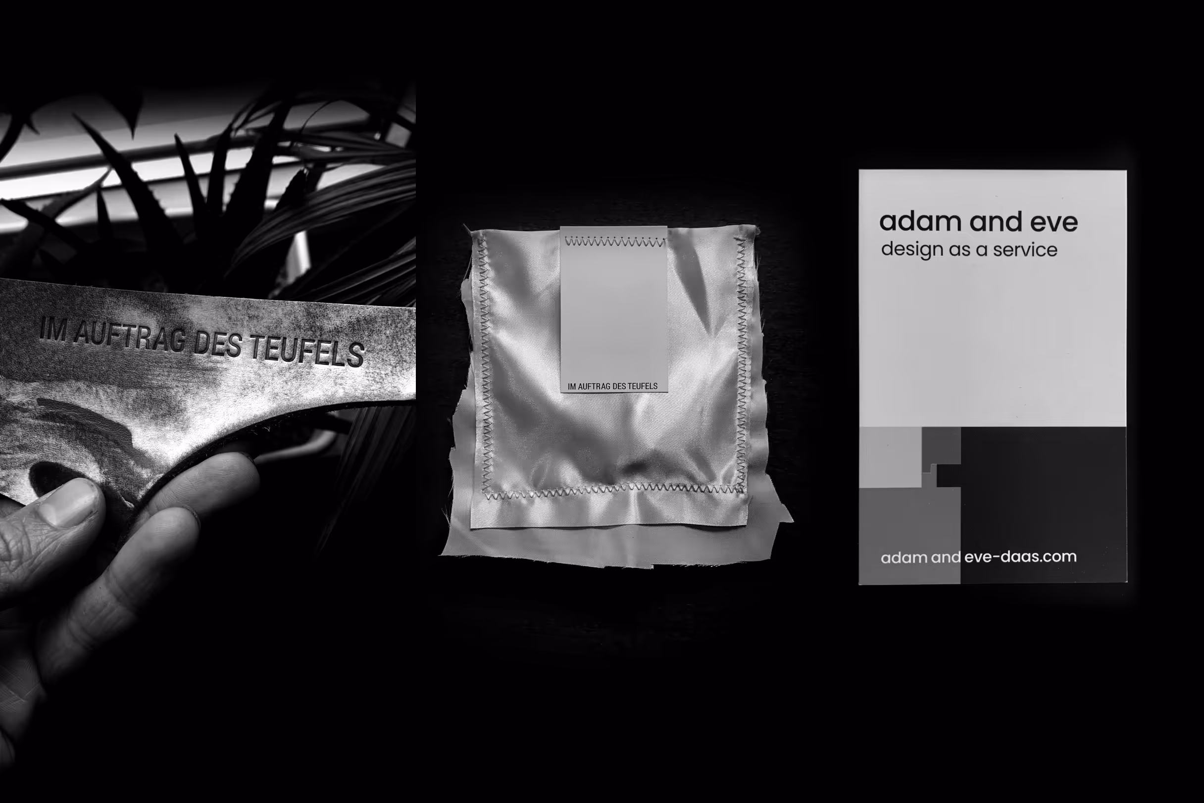 three mockups showing designs on leather, paper and fabric