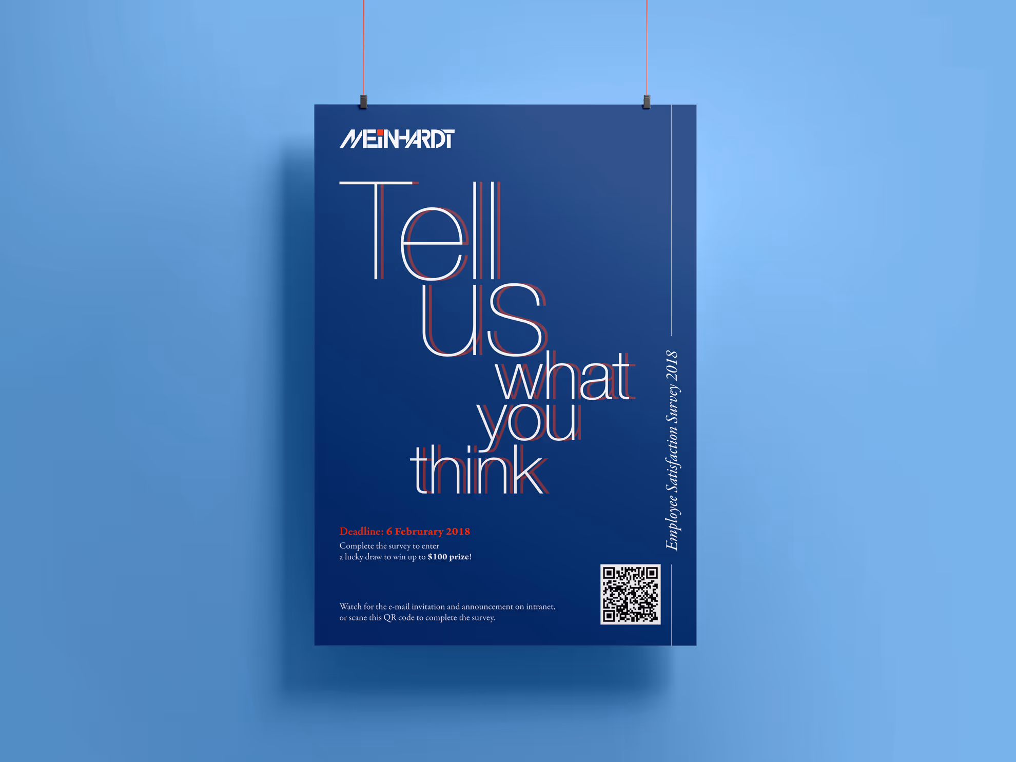 Blue survey poster titled 'Tell us what you think' from Meinhardt with deadline 6 February 2018, a QR code, and details for an employee satisfaction survey.