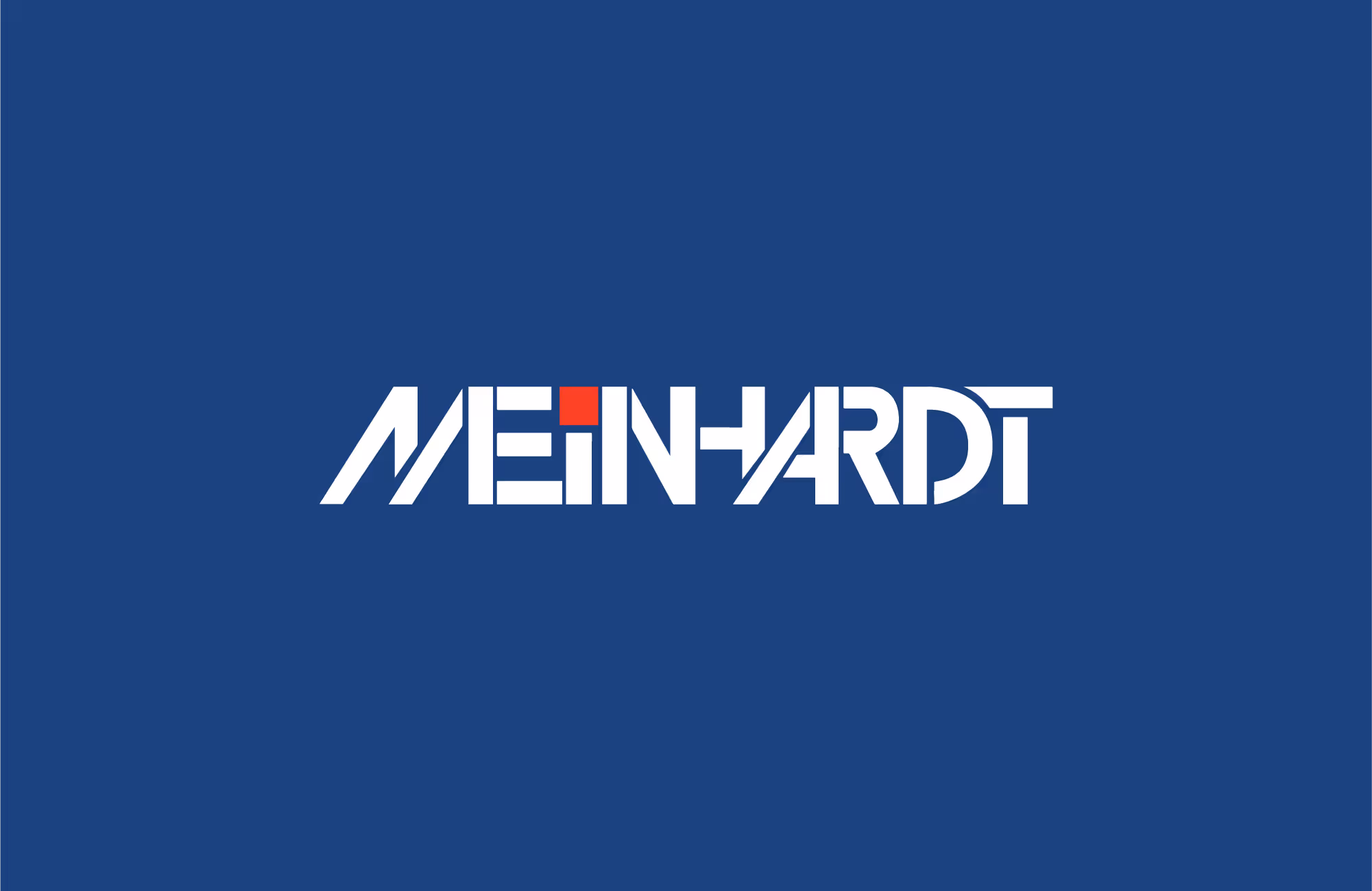 Stylized logo text 'MEINHARDT' in white on a navy blue background with a red square dotting the letter 'I'.