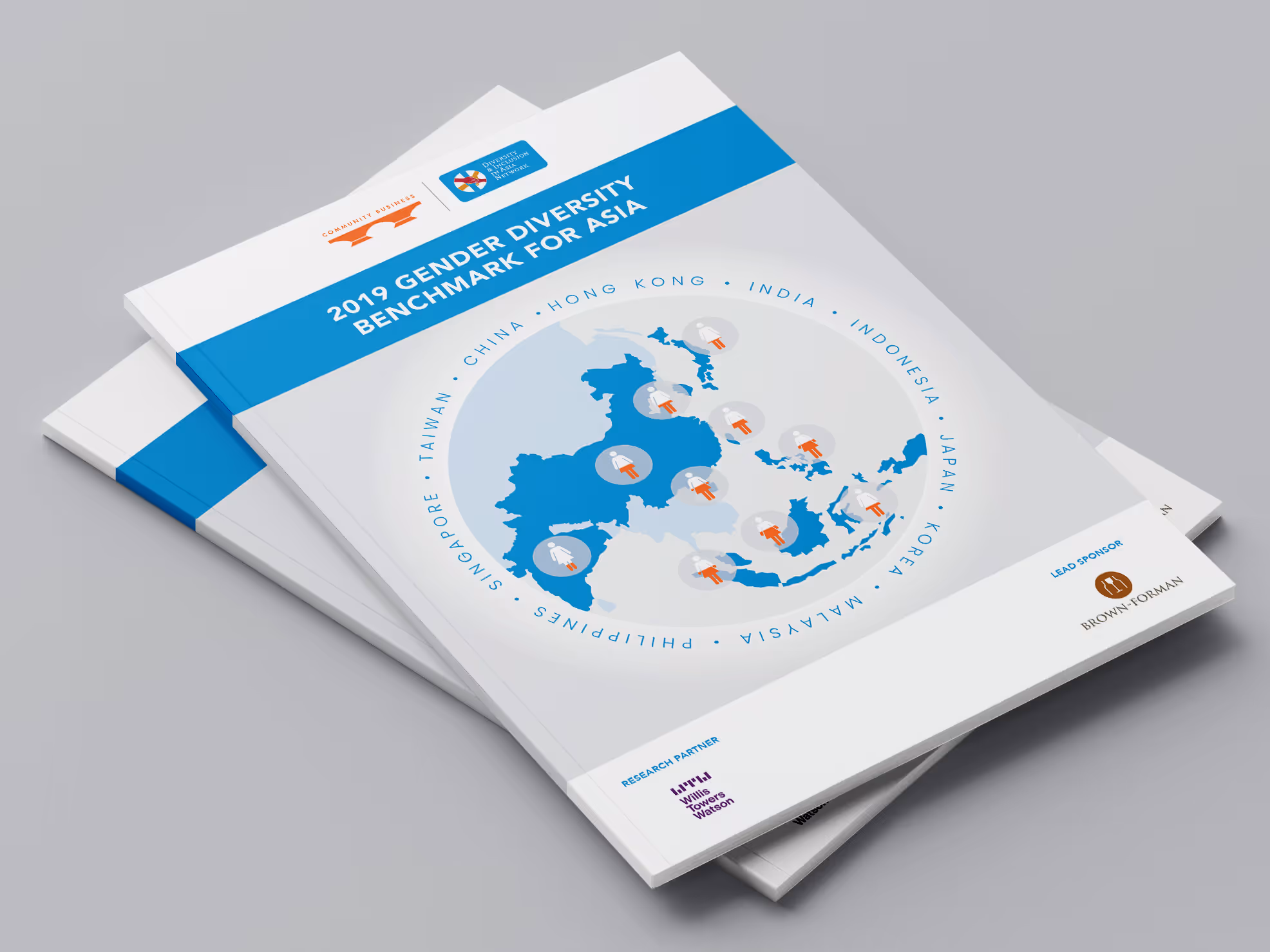 Stacked reports titled '2019 Gender Diversity Benchmark for Asia' with a map highlighting Asian countries included in the study.