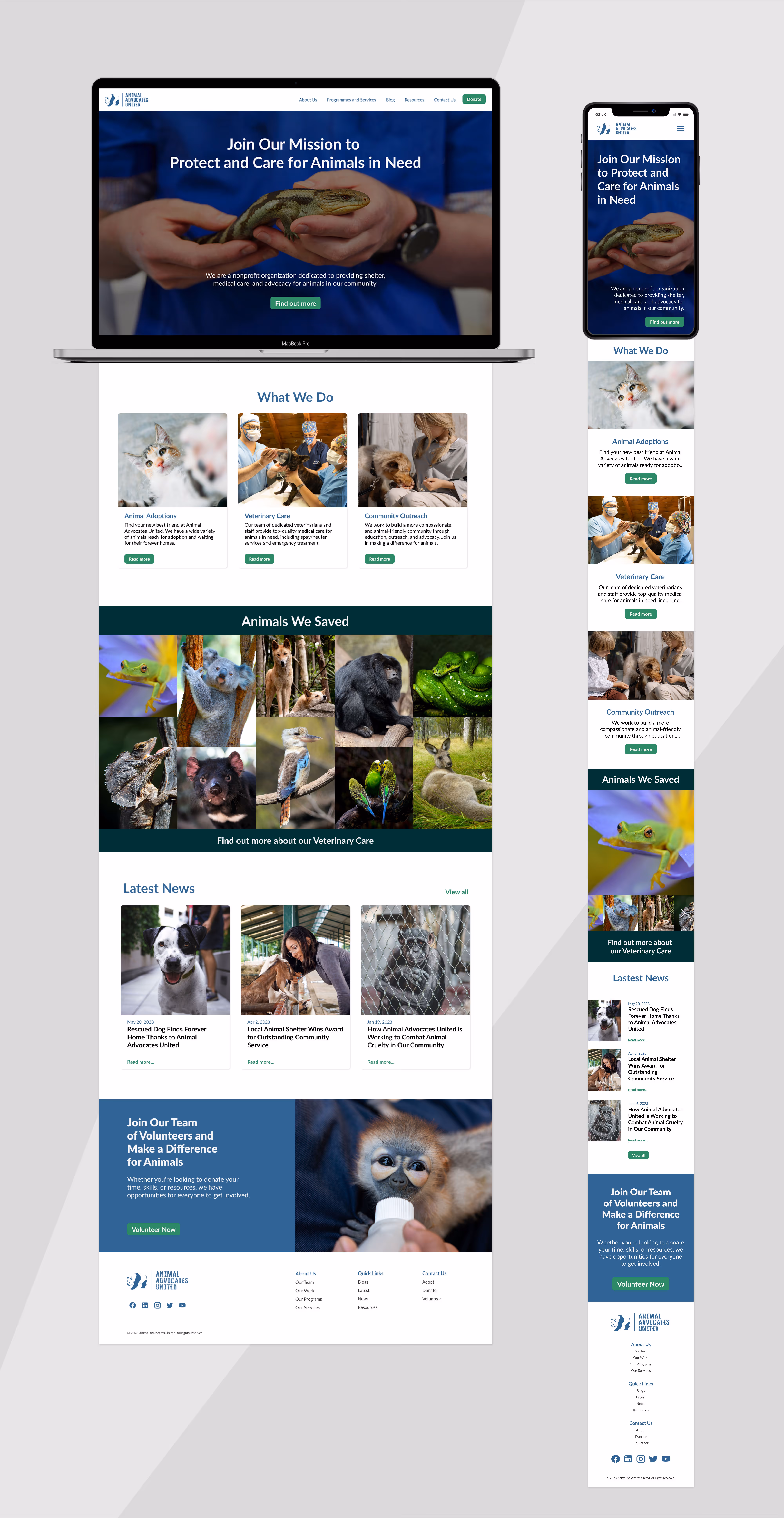 Website homepage for Animal Advocates United showing mission statement with a person holding a lizard, sections on animal adoptions, veterinary care, community outreach, animals saved, latest news, and volunteer sign-up, displayed on laptop and mobile screens.