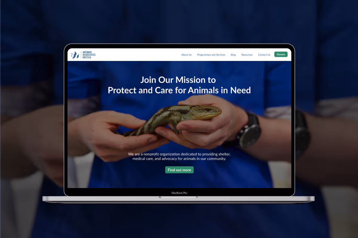 Person in blue holding a lizard, with text on screen promoting a nonprofit mission to protect and care for animals in need.