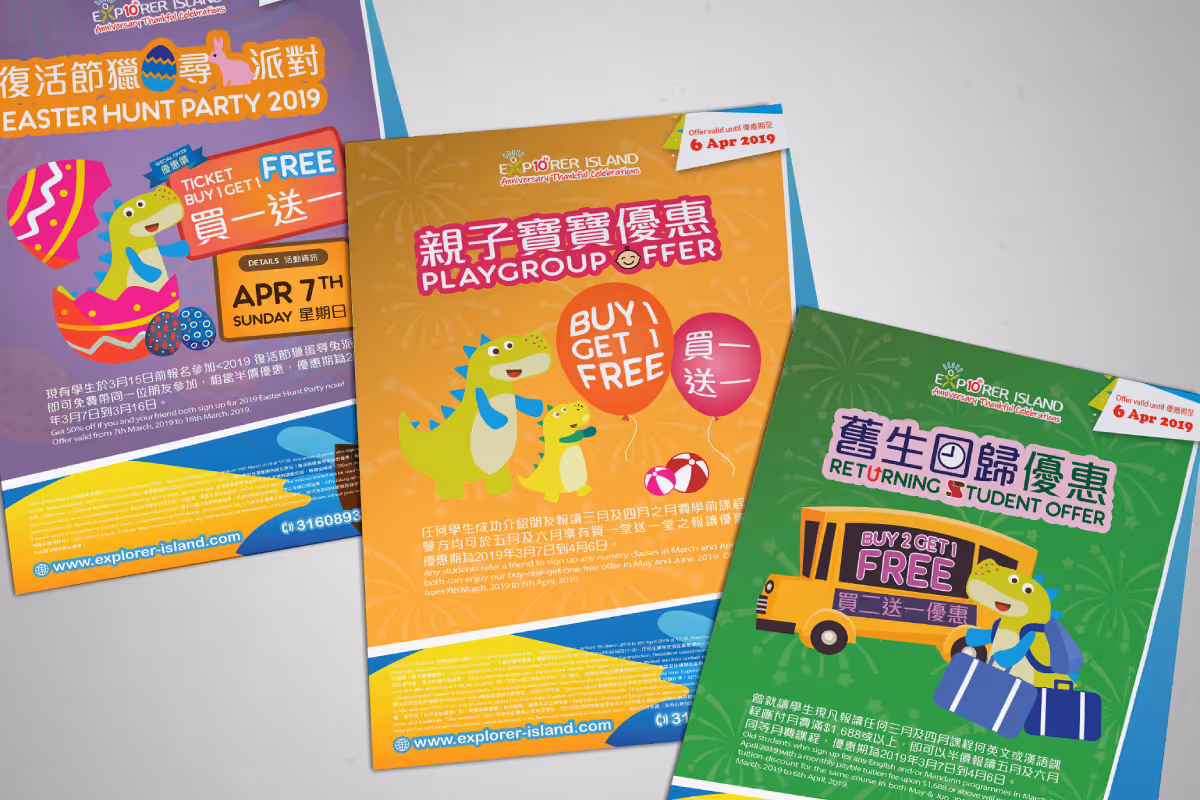 Three colorful promotional flyers for Explorer Island offers featuring Easter Hunt Party 2019, Playgroup offer, and Returning Student offer with cartoon dinosaur illustrations.