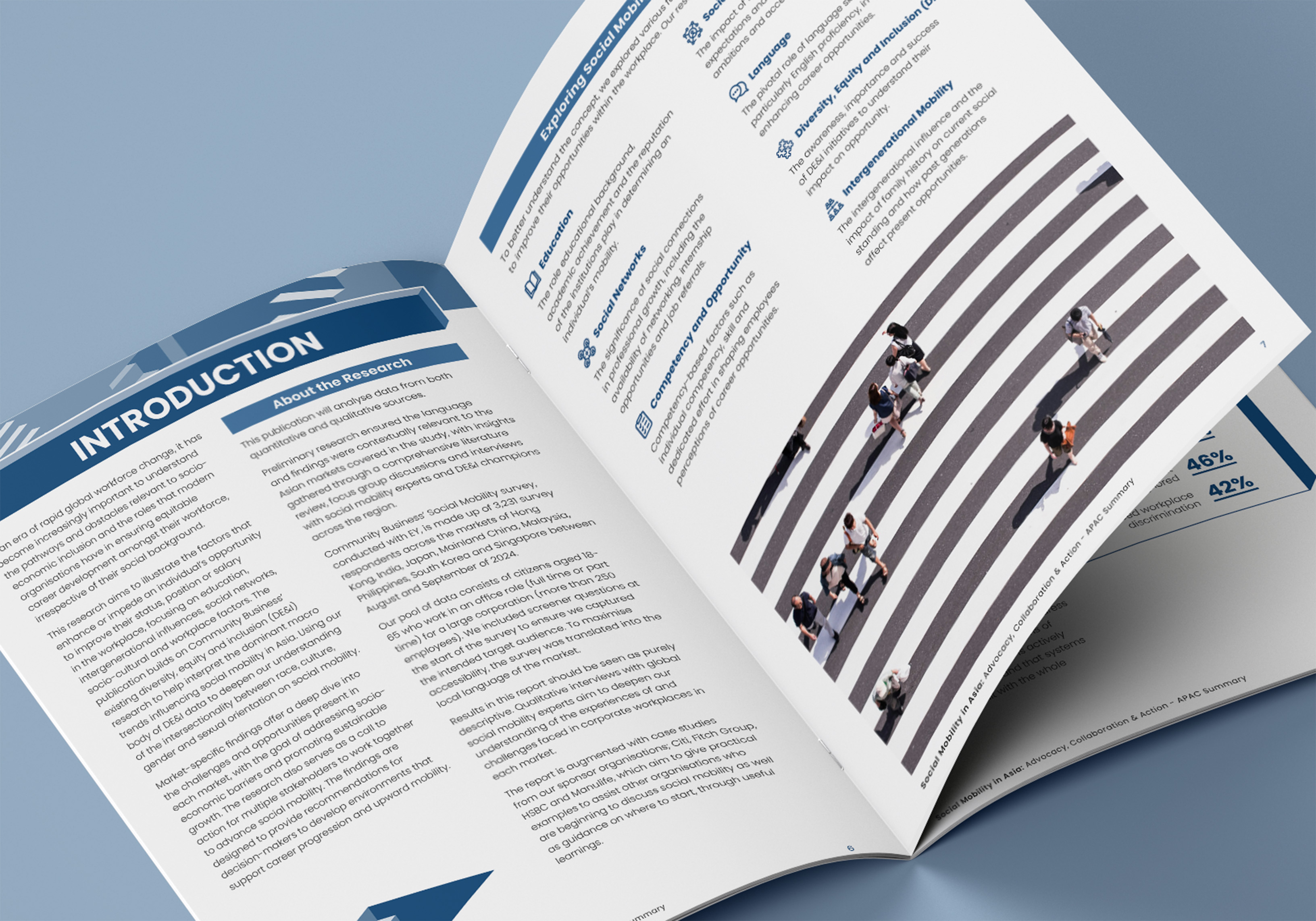 Open brochure displaying an introduction page about social mobility research and a page with a photo of people crossing a zebra-striped crosswalk.