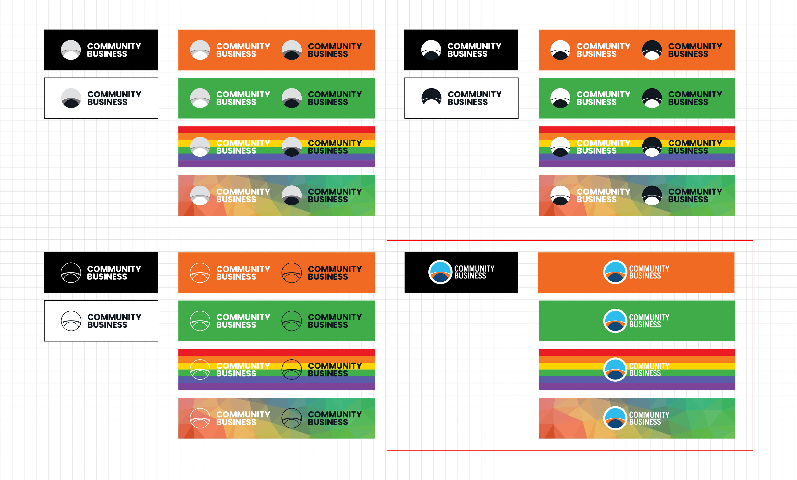 Showcasing variations of the COMMUNITY BUSINESS logo in different color schemes including black, orange, green, rainbow, and multicolor polygon backgrounds.