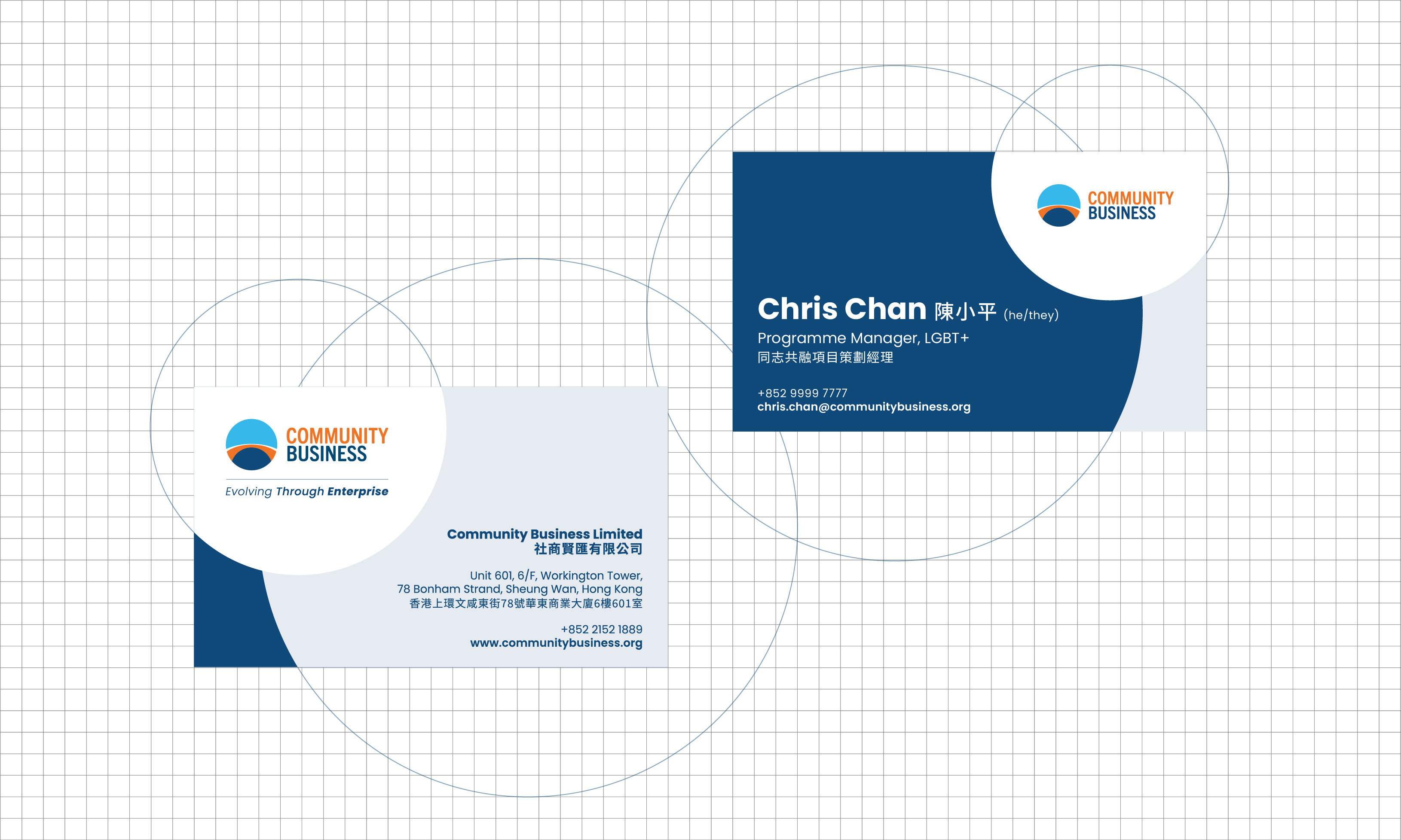 Community Business cards design with company contact details with logo on a grid background.