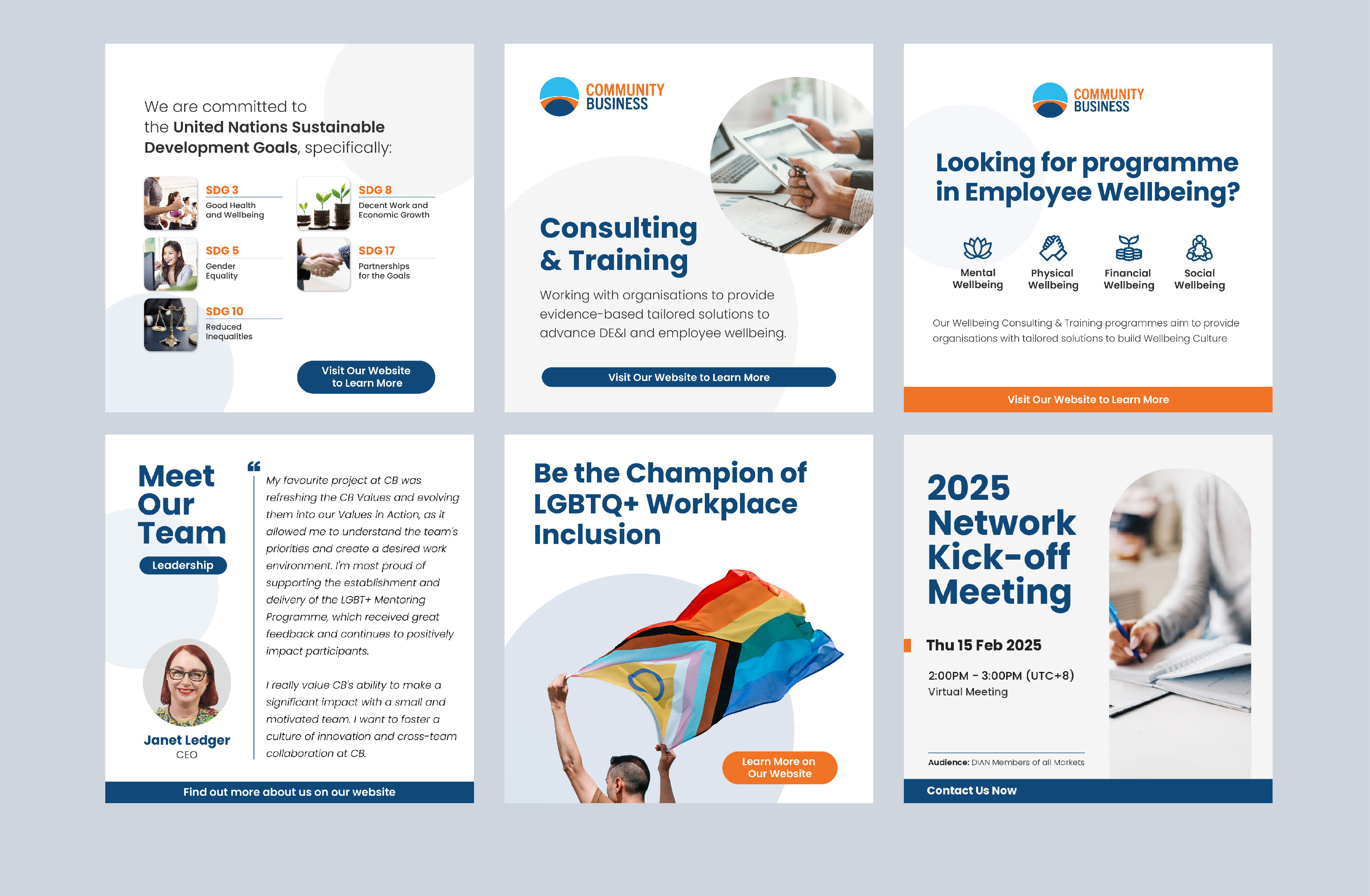 Collage of six business-themed panels including United Nations Sustainable Development Goals, consulting and training services, employee wellbeing program icons, a CEO's quote with portrait, LGBTQ+ workplace inclusion with pride flag, and a 2025 virtual network meeting announcement.