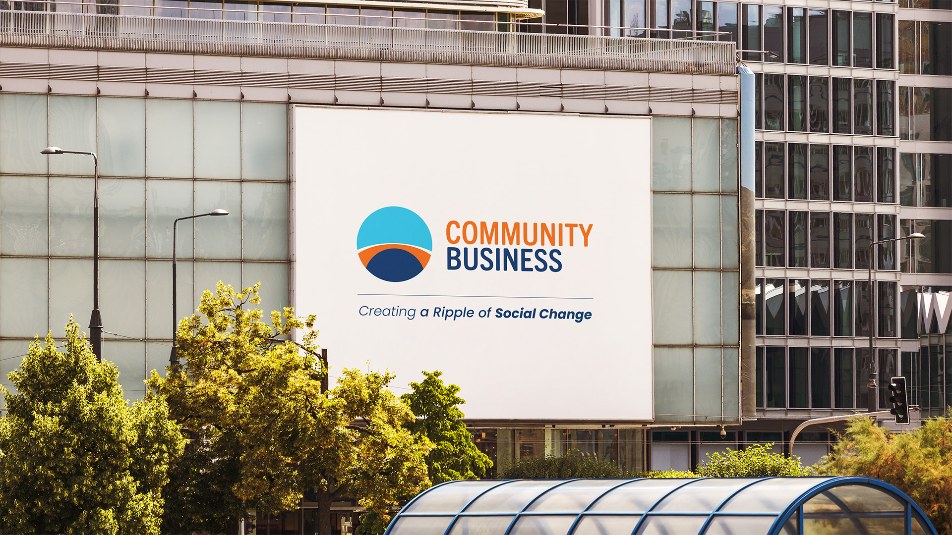 Community Business' rebranding new logo billboard mockup