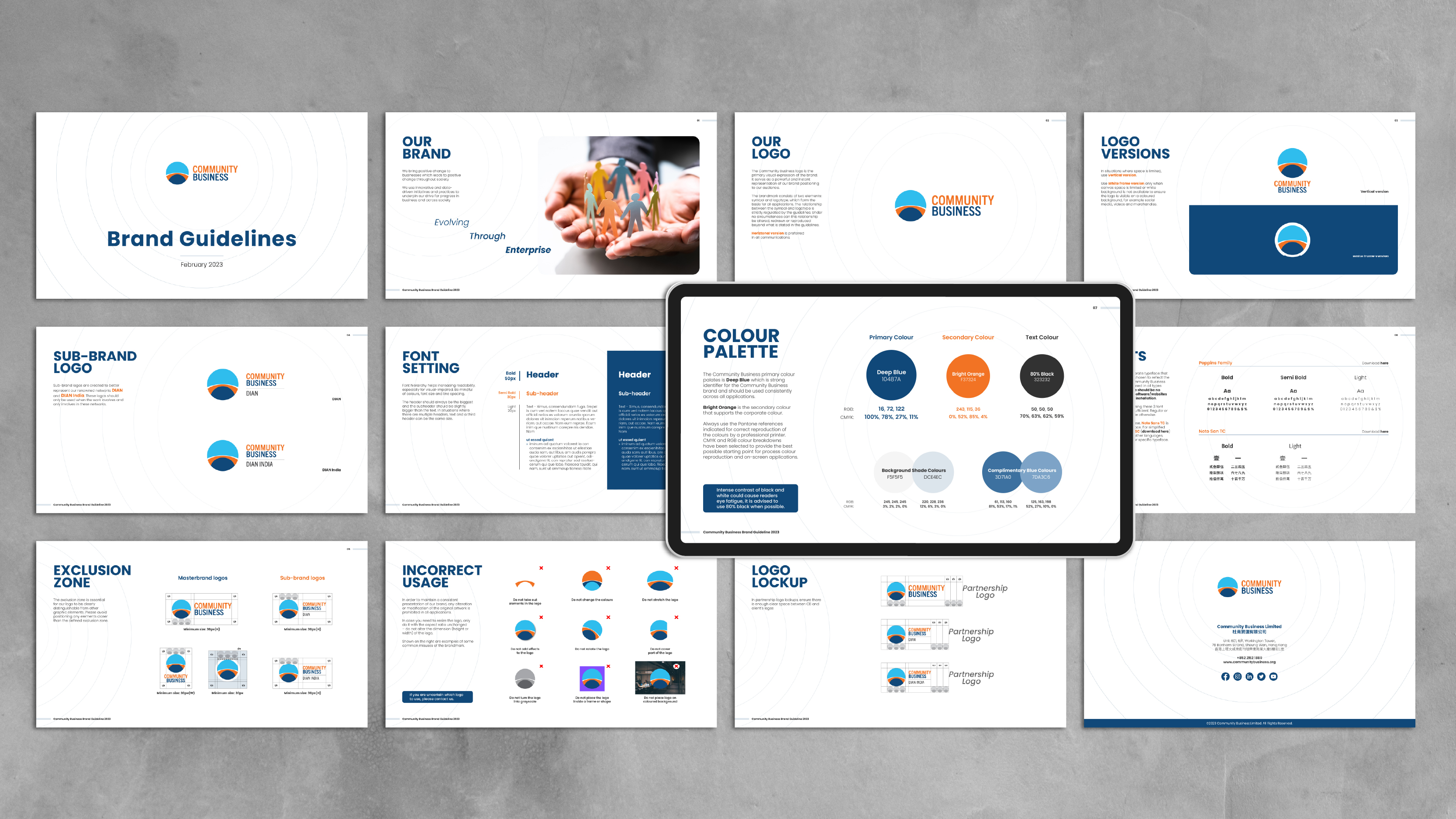 Community Business brand guidelines showing colour palette, typography system and custom icon set