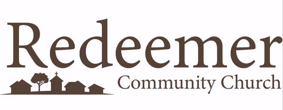 Logo of Redeemer Community Church with silhouettes of houses, a tree, and a church with a cross.