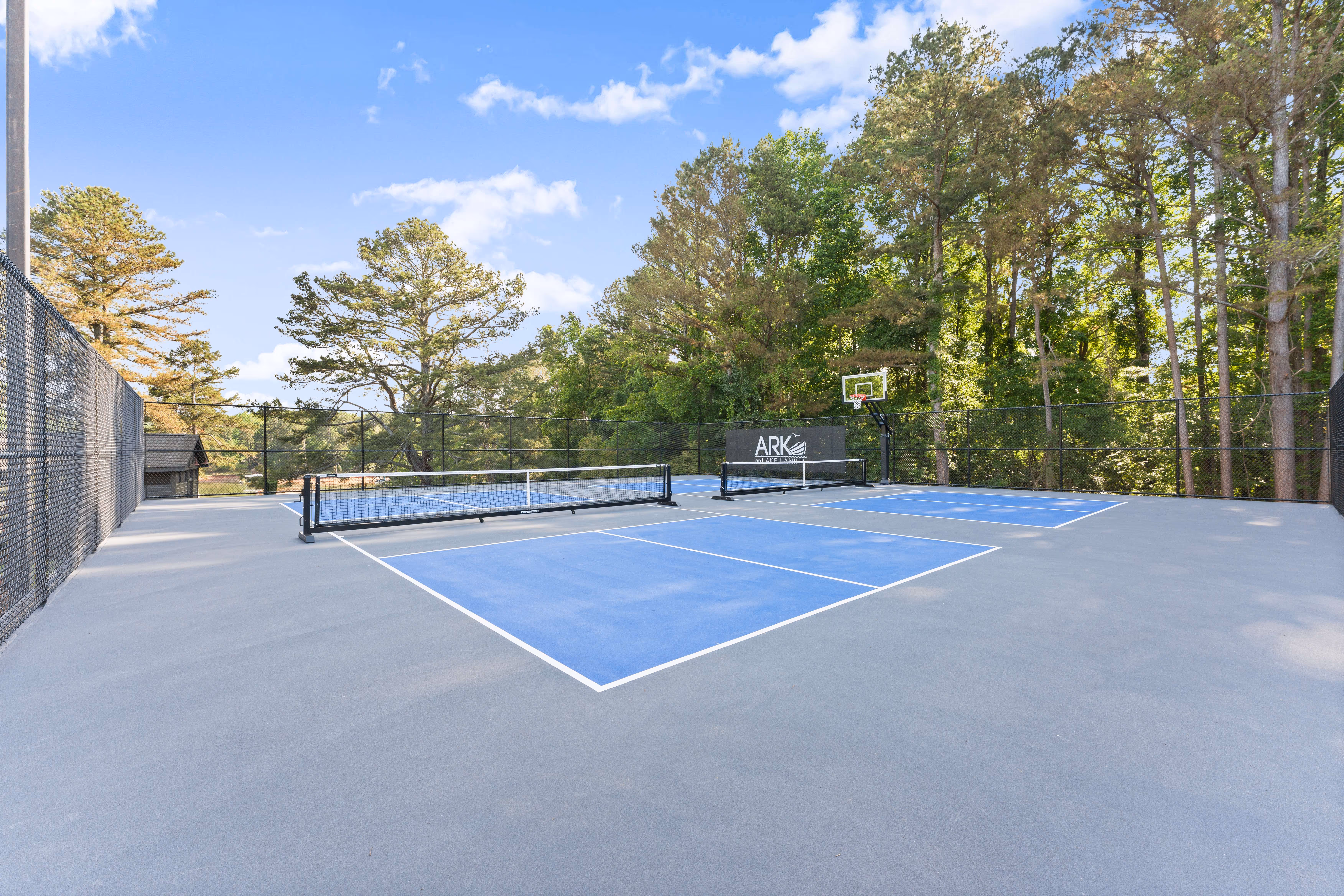 close up of pickleball court with wooded area in background