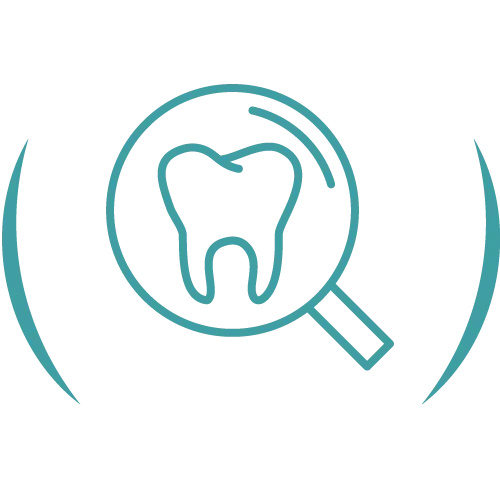 Magnified teal line icon of a tooth under a magnifying glass, decorative.