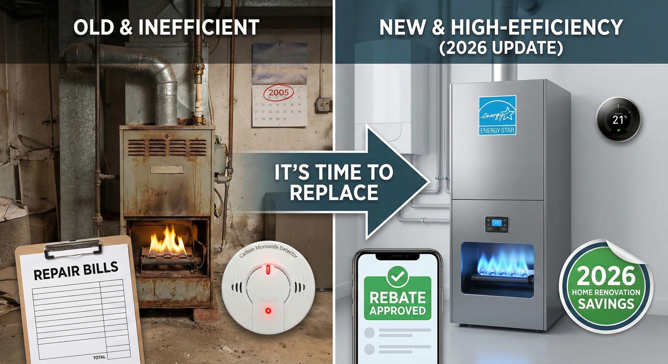 Infographic comparing an old, inefficient furnace with a yellow flame, repair bills, and a carbon monoxide detector to a new, high-efficiency Energy Star furnace with a blue flame, smart thermostat, and approved 2026 Home Renovation Savings rebate on a phone screen.