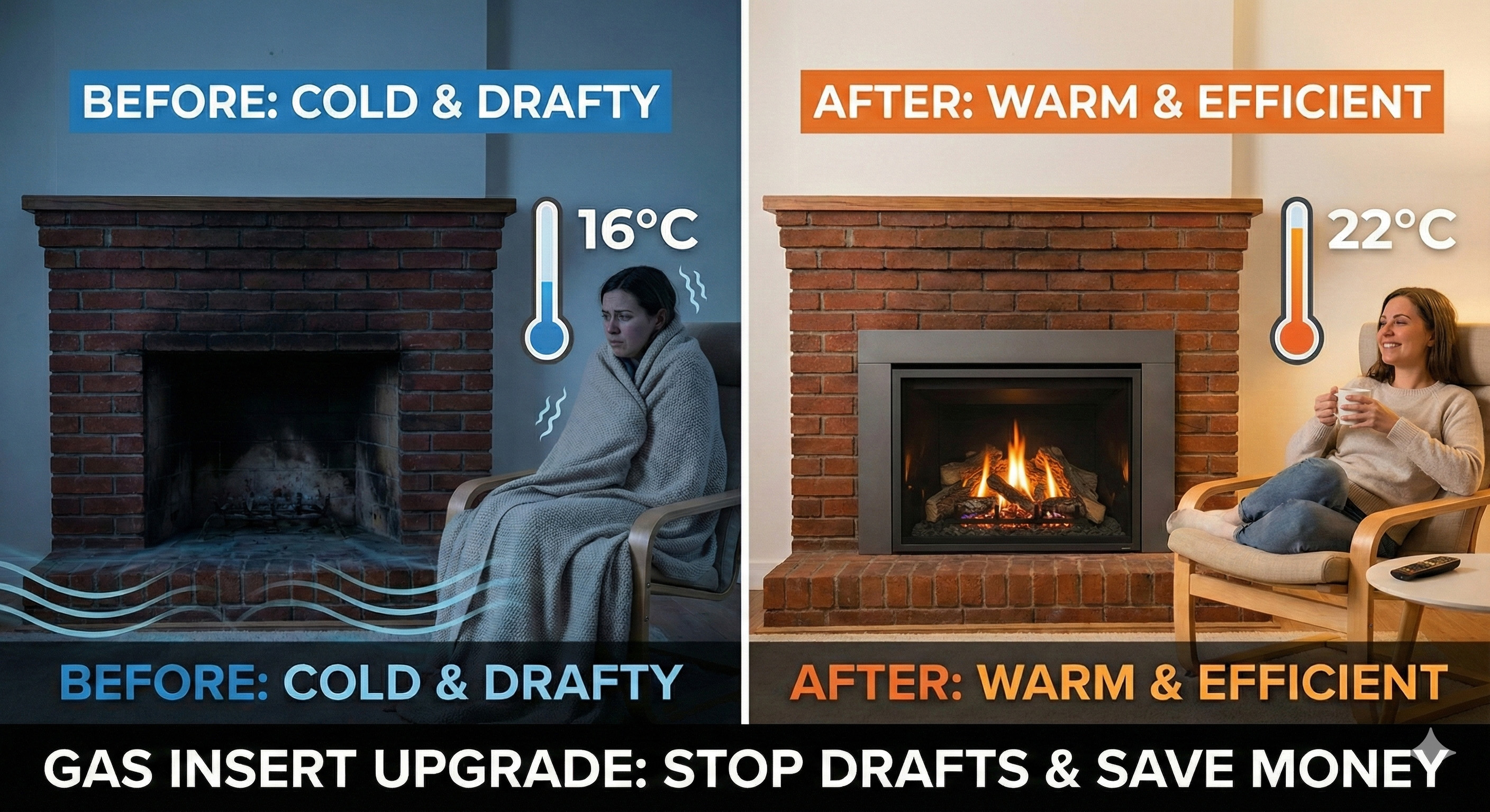 A split-screen graphic titled "Gas Insert Upgrade." The left side shows a cold, drafty open masonry fireplace with a shivering homeowner and a thermometer reading 16°C. The right side shows a warm, modern gas fireplace insert with a relaxed homeowner and a thermometer reading 22°C.