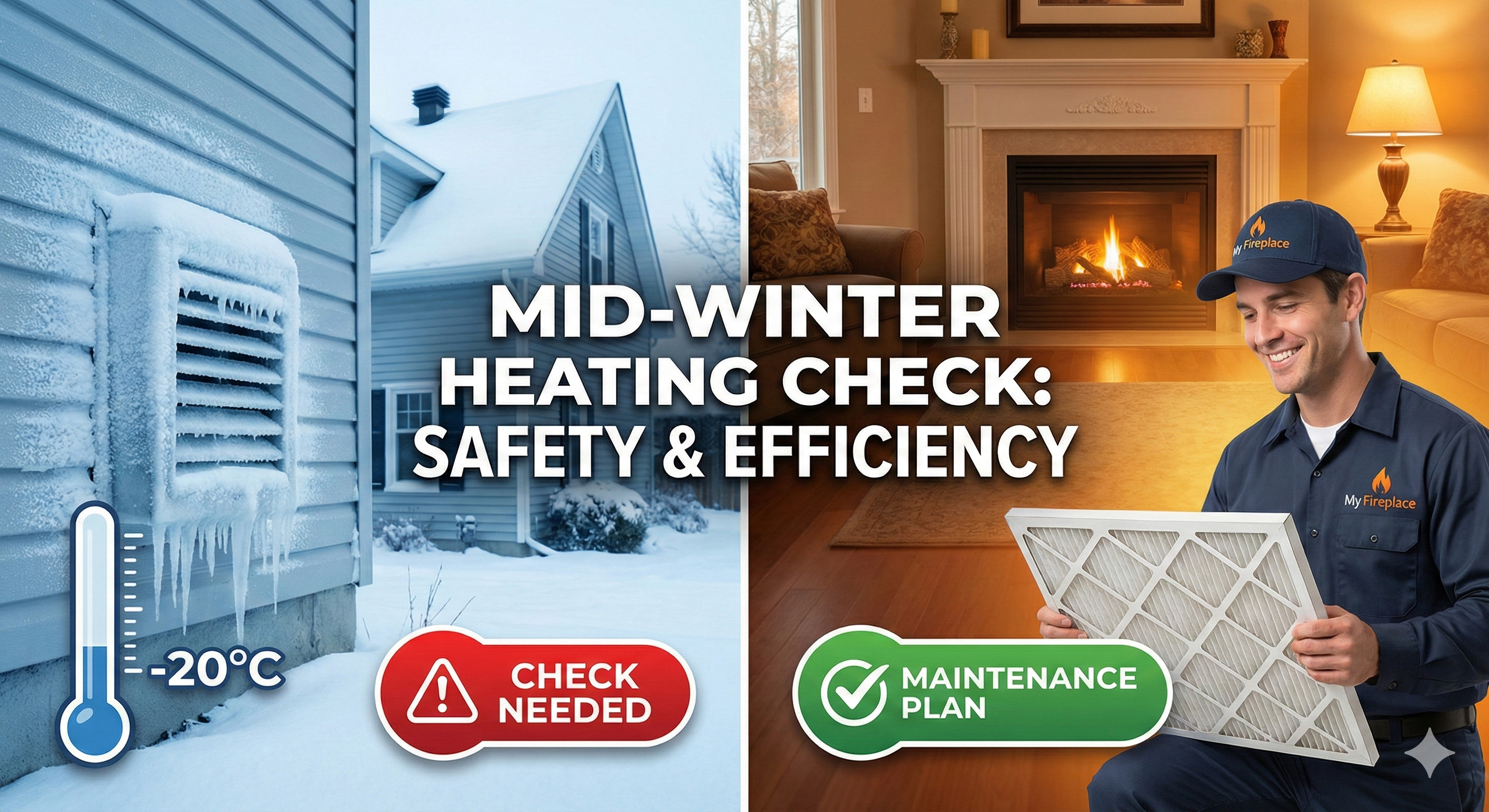 Split-panel blog thumbnail contrasting a frozen outdoor furnace vent in winter with a technician wearing a "My Fireplace" cap changing a furnace filter in a warm living room. Center text reads: "MID-WINTER HEATING CHECK: SAFETY & EFFICIENCY". Location tags for "London, Ontario" are visible.