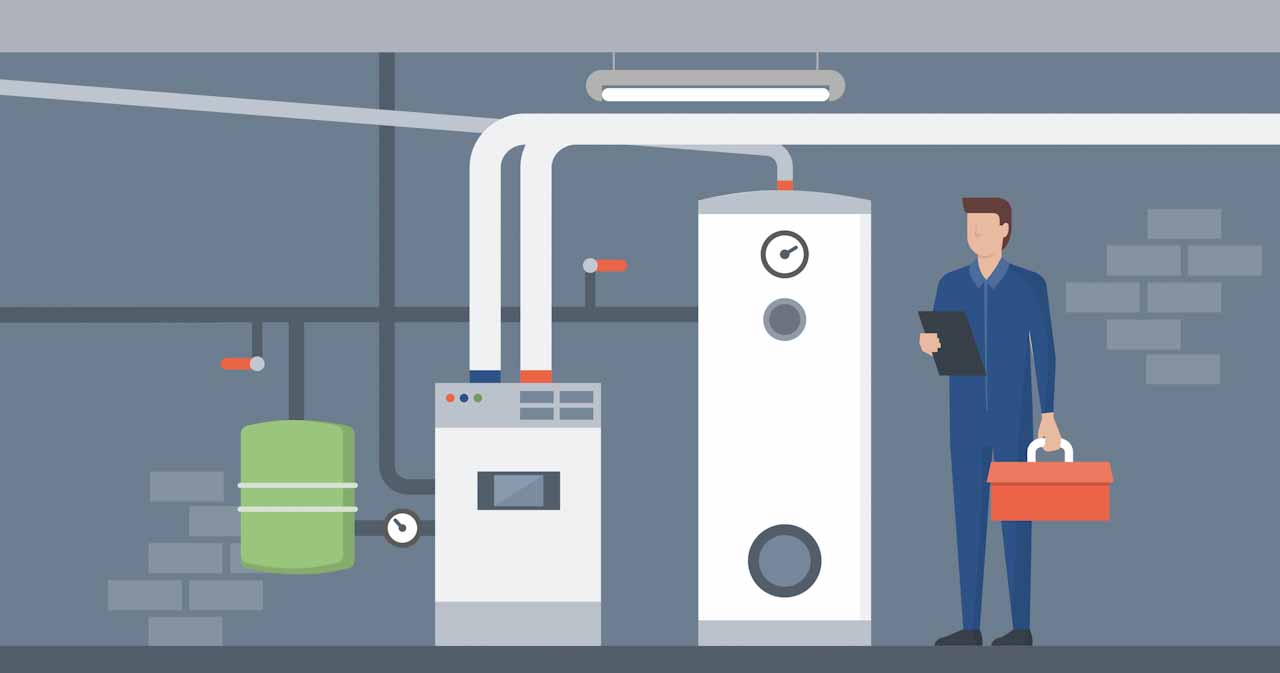 A graphic of a repair man in a boiler room.