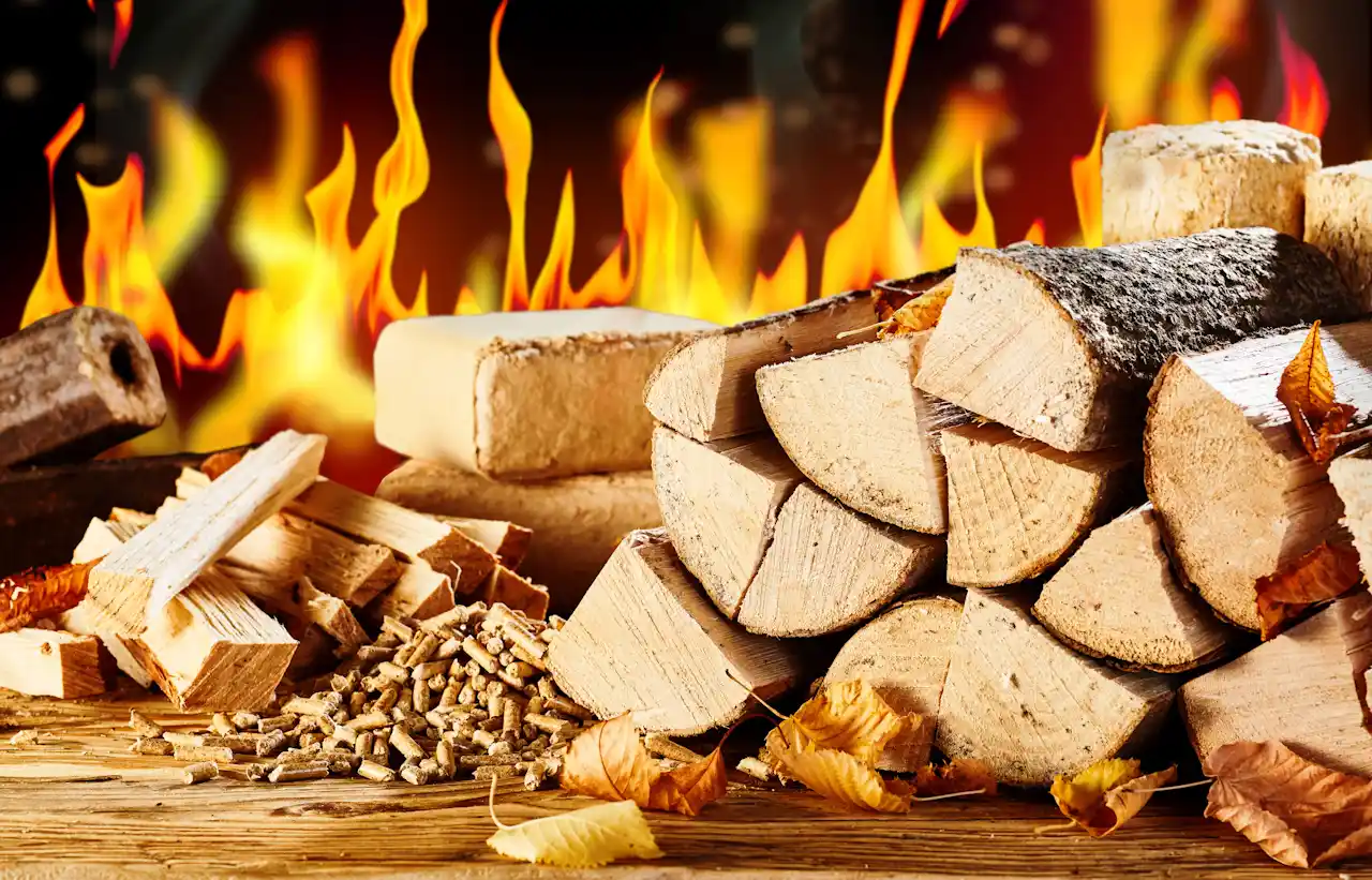 A pile of fireplace logs with fire in the background.