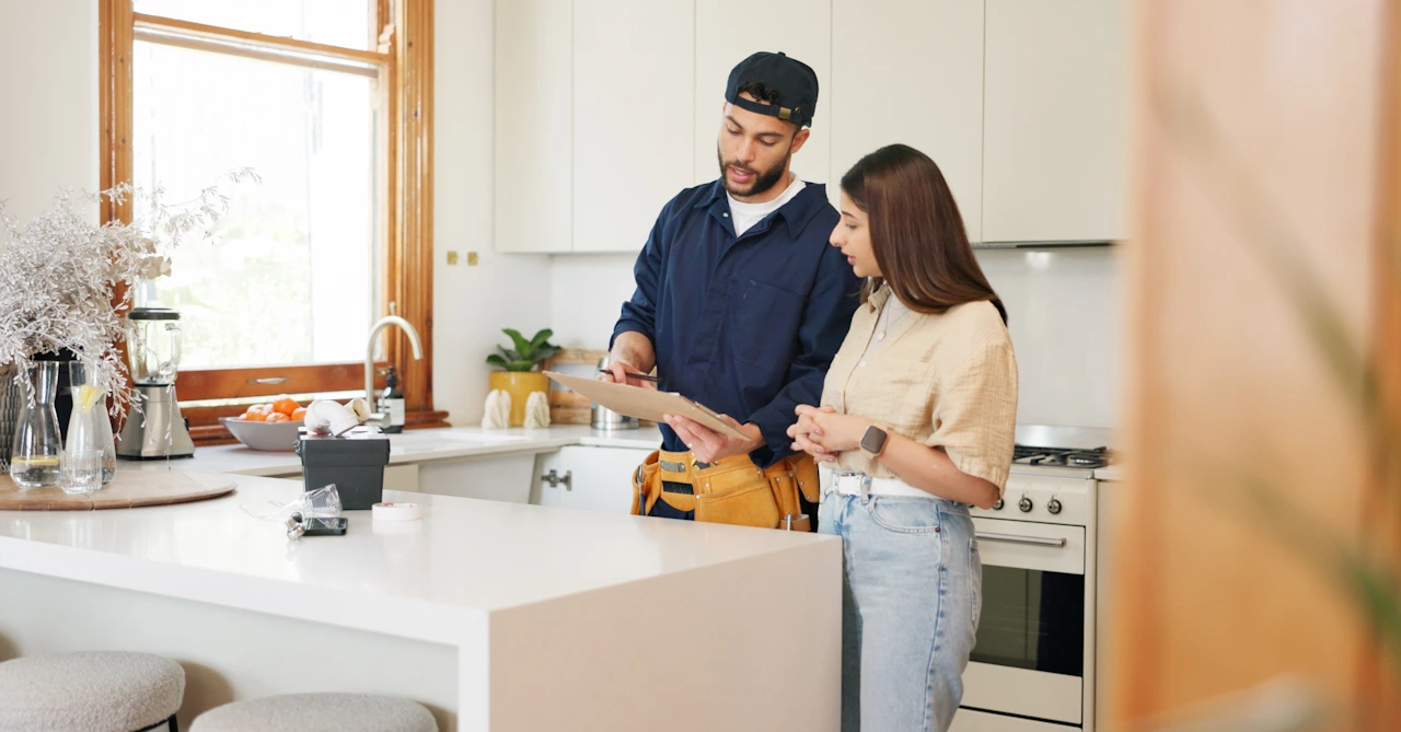 A specialist showing a homeowner a clipboard of potential issues.