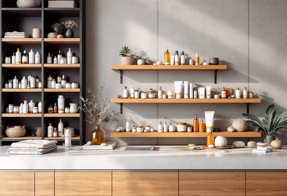 [background image] retail setting with neatly arranged products (for a pharmacy)