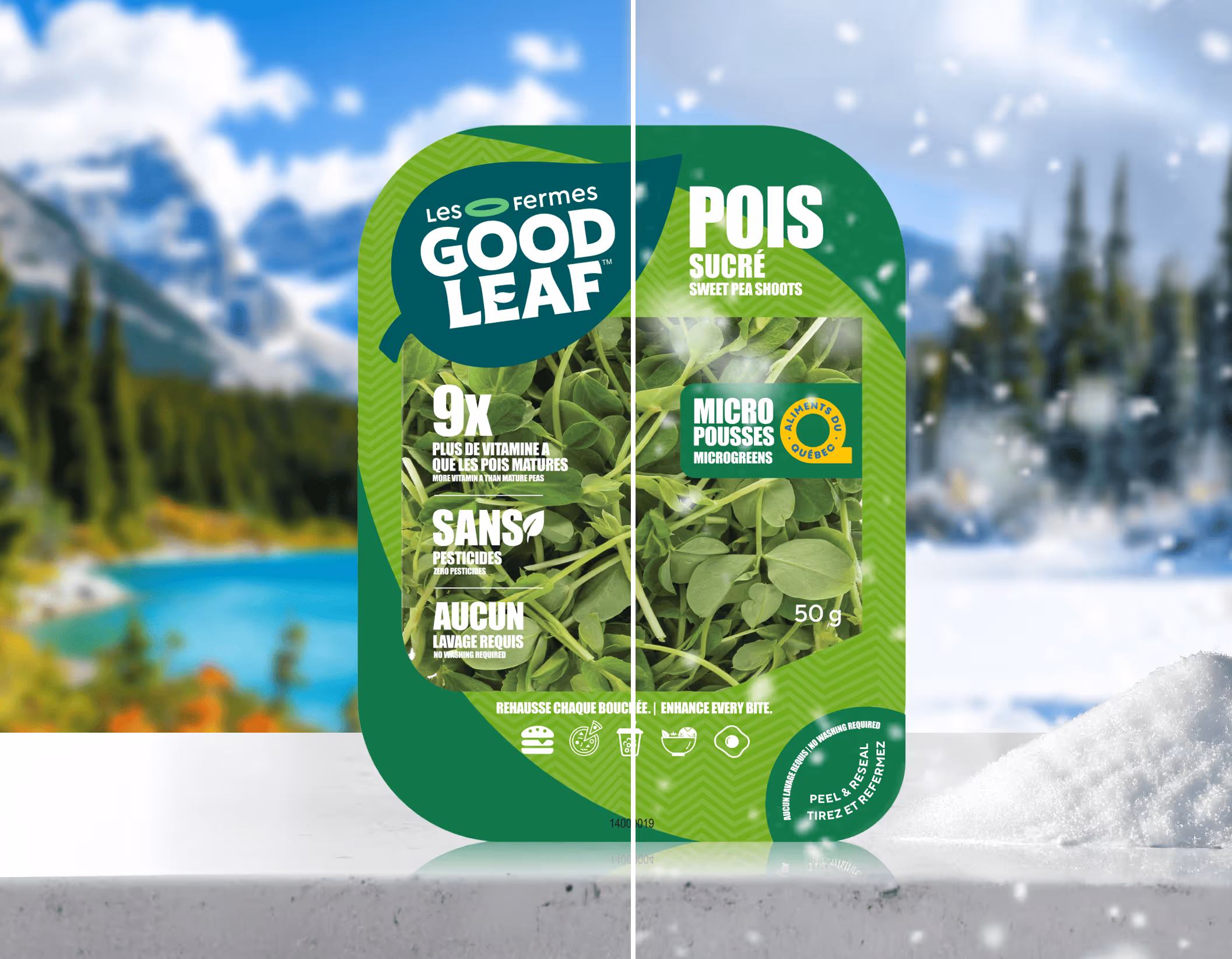 Un paquet de pousses de pois de sucré GoodLeaf contient des allégations nutritionnelles, un fond fendu montrant une scène de forêt verte à gauche et une scène enneigée à droite.